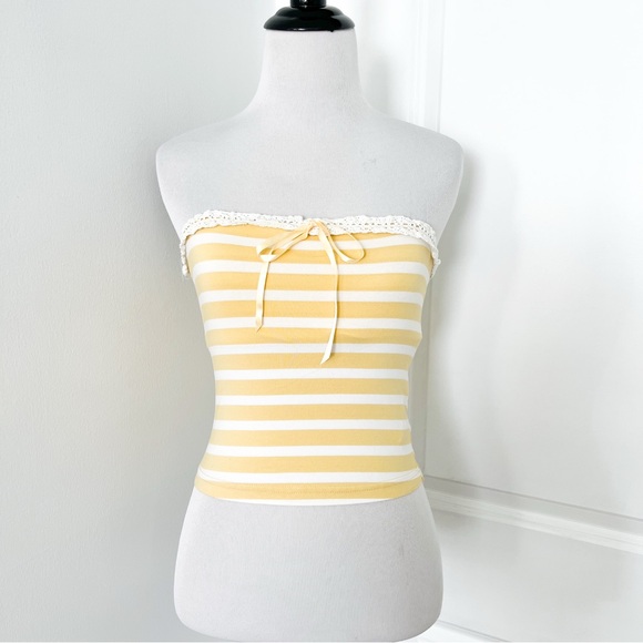 Urban Outfitters Tops - Urban Outfitters Yellow & White Striped Strapless Tube Top with Lace Trim S
